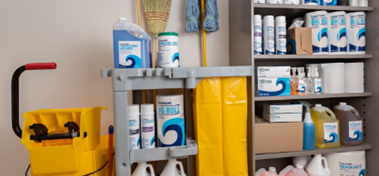 Mops, brooms, paper towels, and cleaning supplies